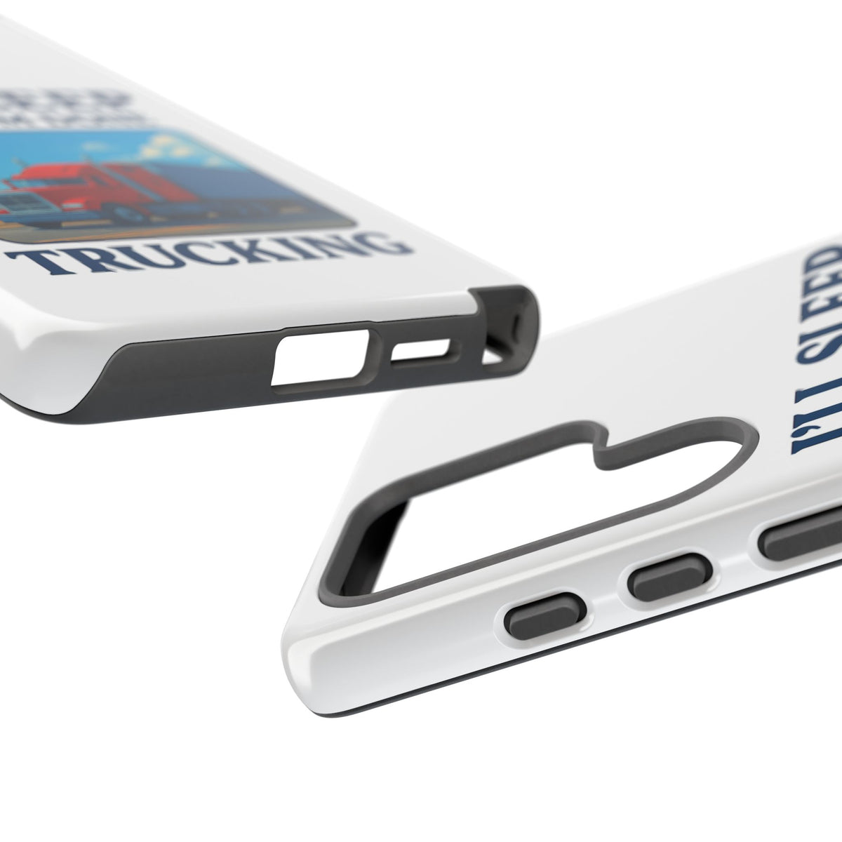 Glossy iPhone 16 Pro trucker phone case with humorous "I'll Sleep When I'm Done Trucking" design by Printify.