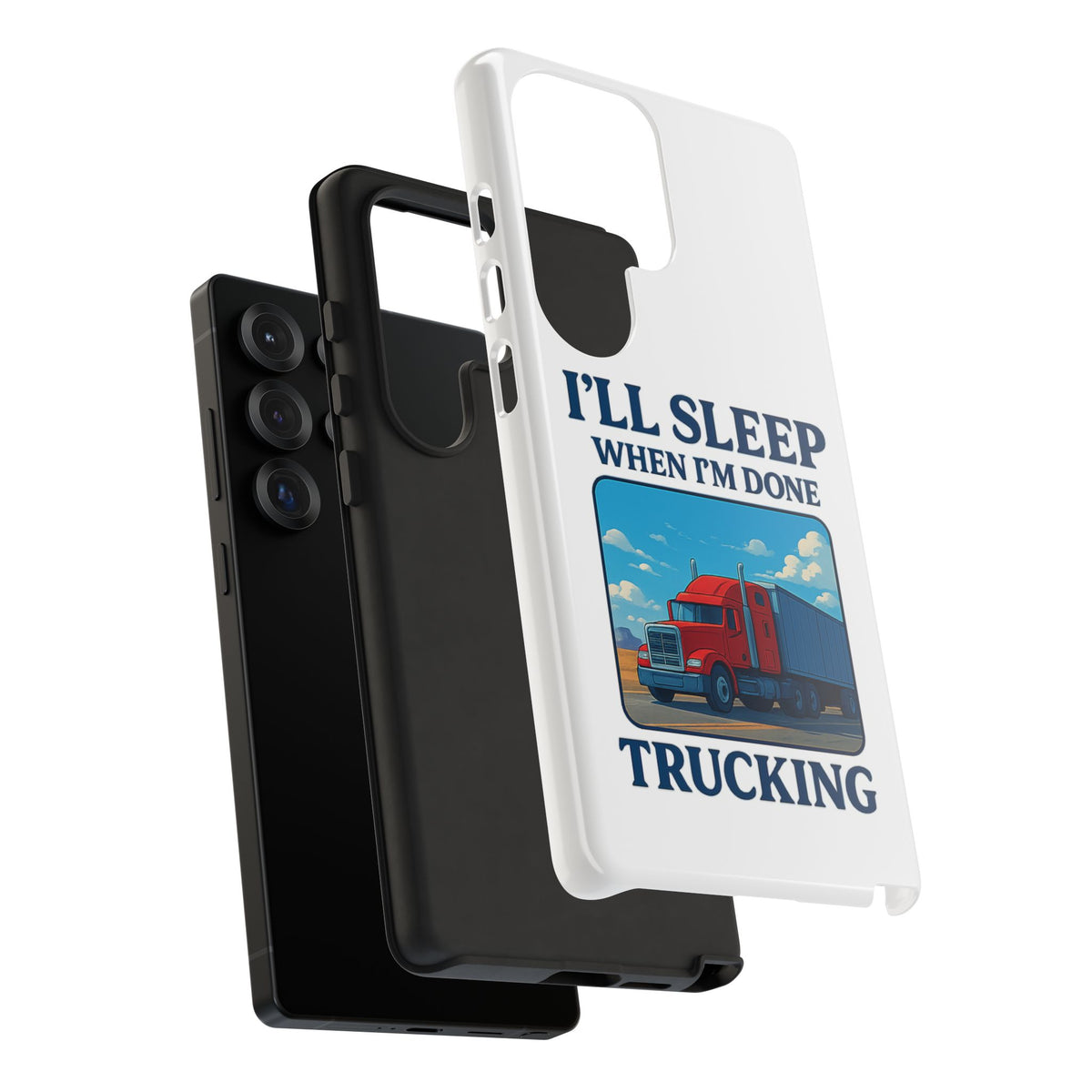 Glossy Trucker Phone Case for iPhone 16 Pro with "I'll Sleep When I'm Done Trucking" design by Printify