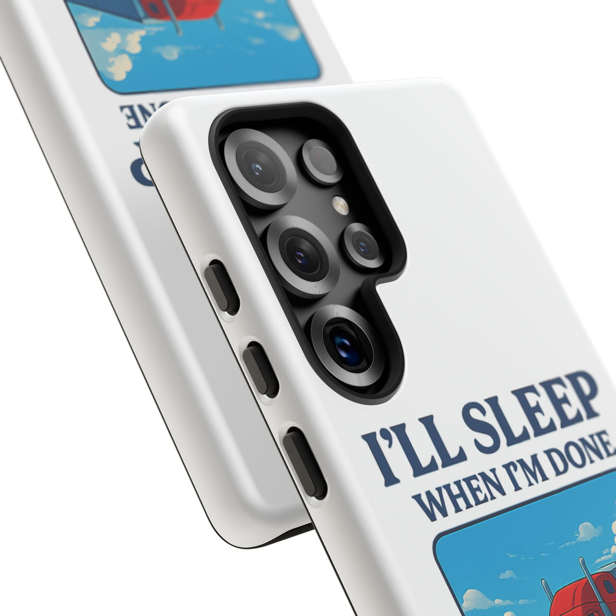 Glossy trucker phone case for iPhone 16 Pro with "I'll Sleep When I'm Done Trucking" design by Printify.