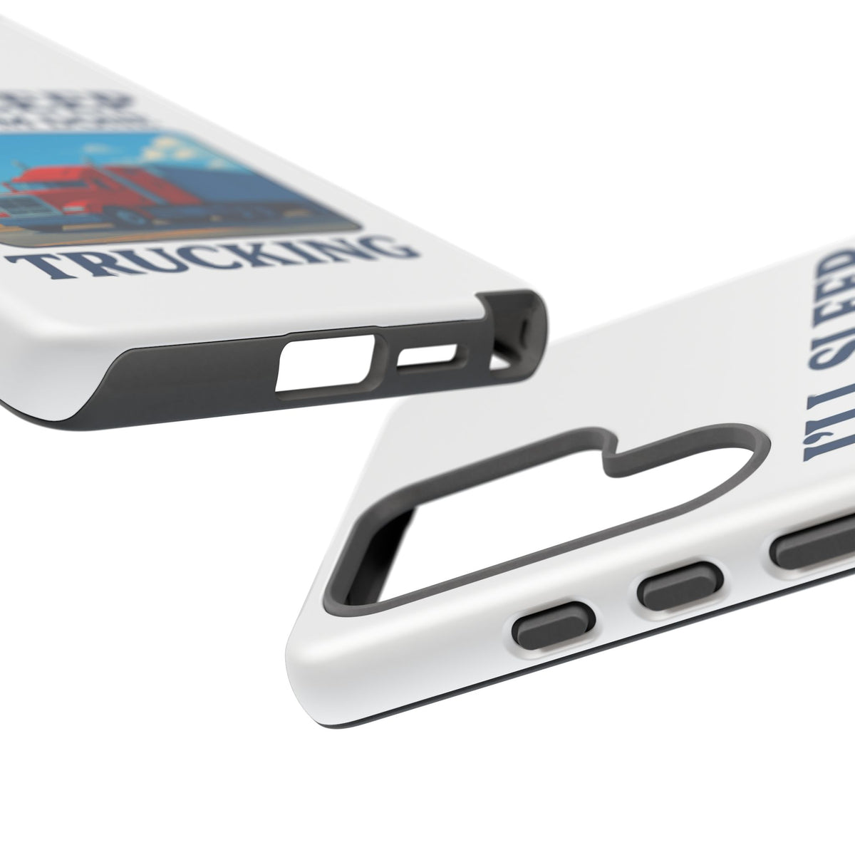Glossy iPhone 16 Pro trucker phone case with humorous "I'll Sleep When I'm Done Trucking" design by Printify.