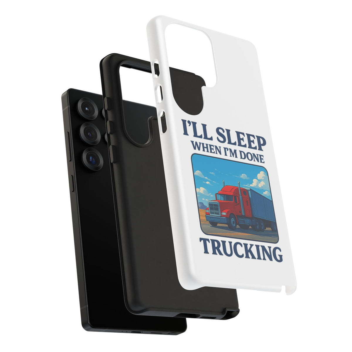 Glossy iPhone 16 Pro trucker phone case with humorous "I'll Sleep When I'm Done Trucking" design by Printify.