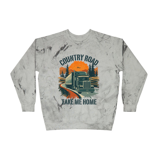 Amethyst XL Country Road Truck crewneck sweatshirt with vintage semi-truck graphic, comfortable pullover for casual wear.