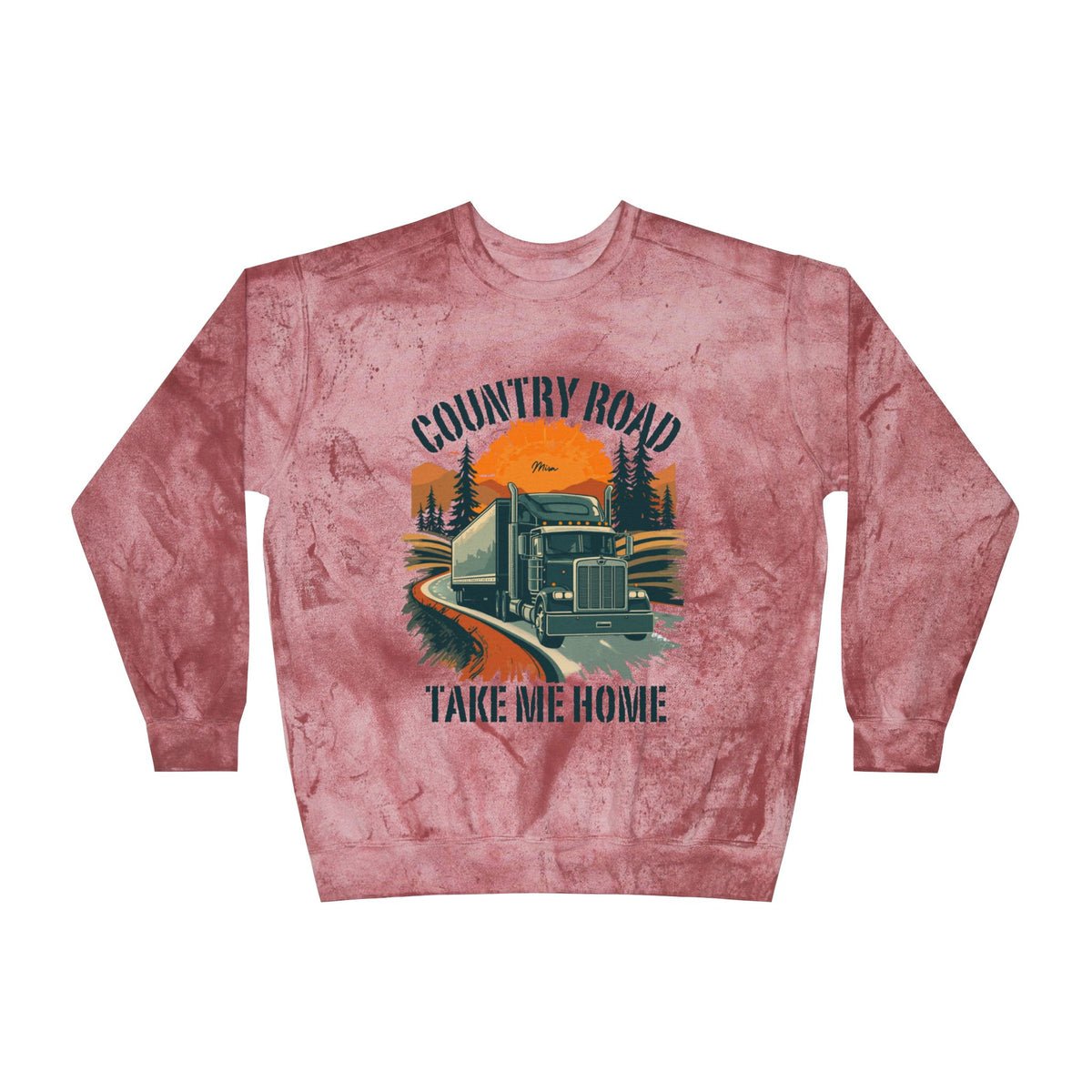 Amethyst-colored Country Road Truck crewneck sweatshirt with vintage semi-truck graphic, men's pullover sweatshirt by Printify.