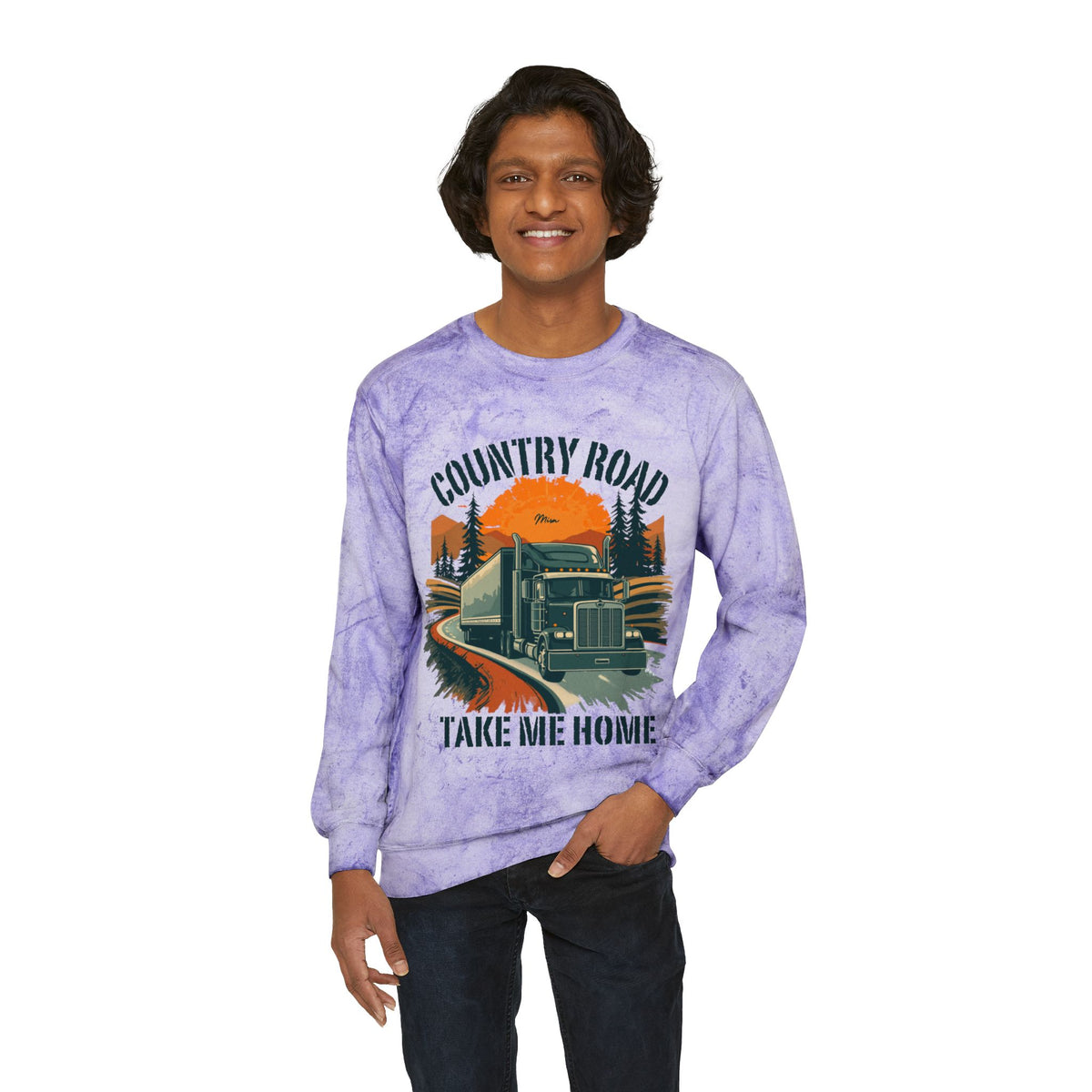 Amethyst XL Country Road Truck crewneck sweatshirt with vintage semi-truck design by Printify.