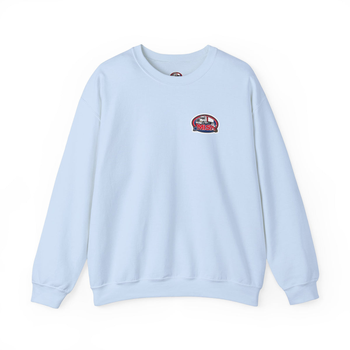 Unisex patriotic crewneck sweatshirt by Printify with "We Drive America's Economy" design, in ash color, casual and comfortable.