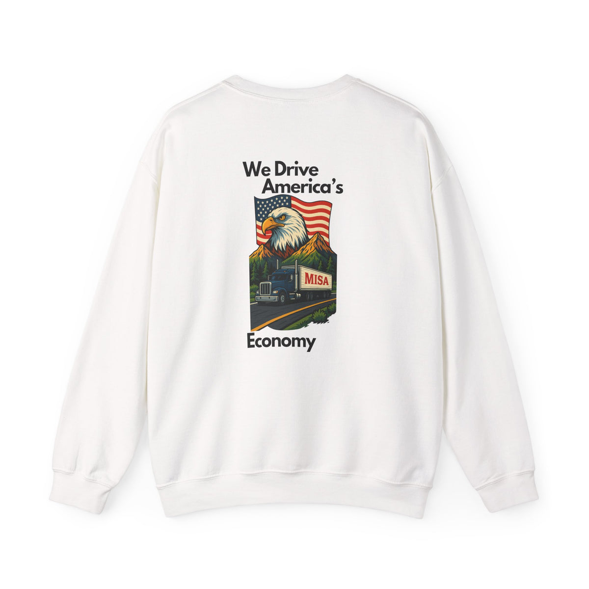 Unisex patriotic crewneck sweatshirt by Printify featuring "We Drive America's Economy" design in ash color.