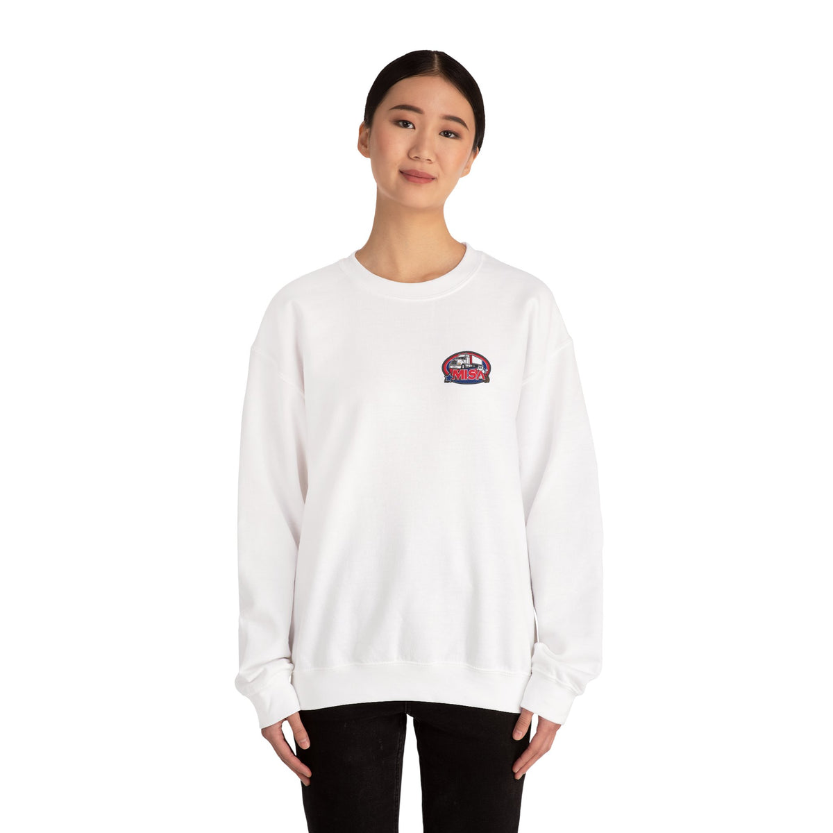 Unisex patriotic crewneck sweatshirt by Printify with "We Drive America's Economy" design in ash color, showcasing bold graphic print.