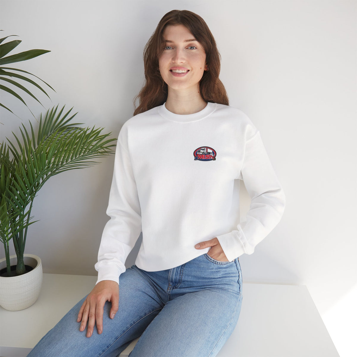 Unisex patriotic crewneck sweatshirt by Printify featuring a "We Drive America's Economy" design on ash-colored fabric.