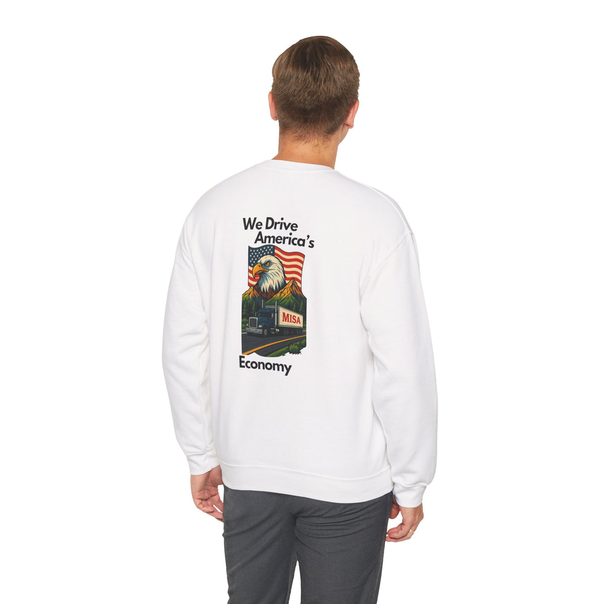 Patriotic unisex crewneck sweatshirt by Printify featuring "We Drive America's Economy" design on ash-colored fabric.
