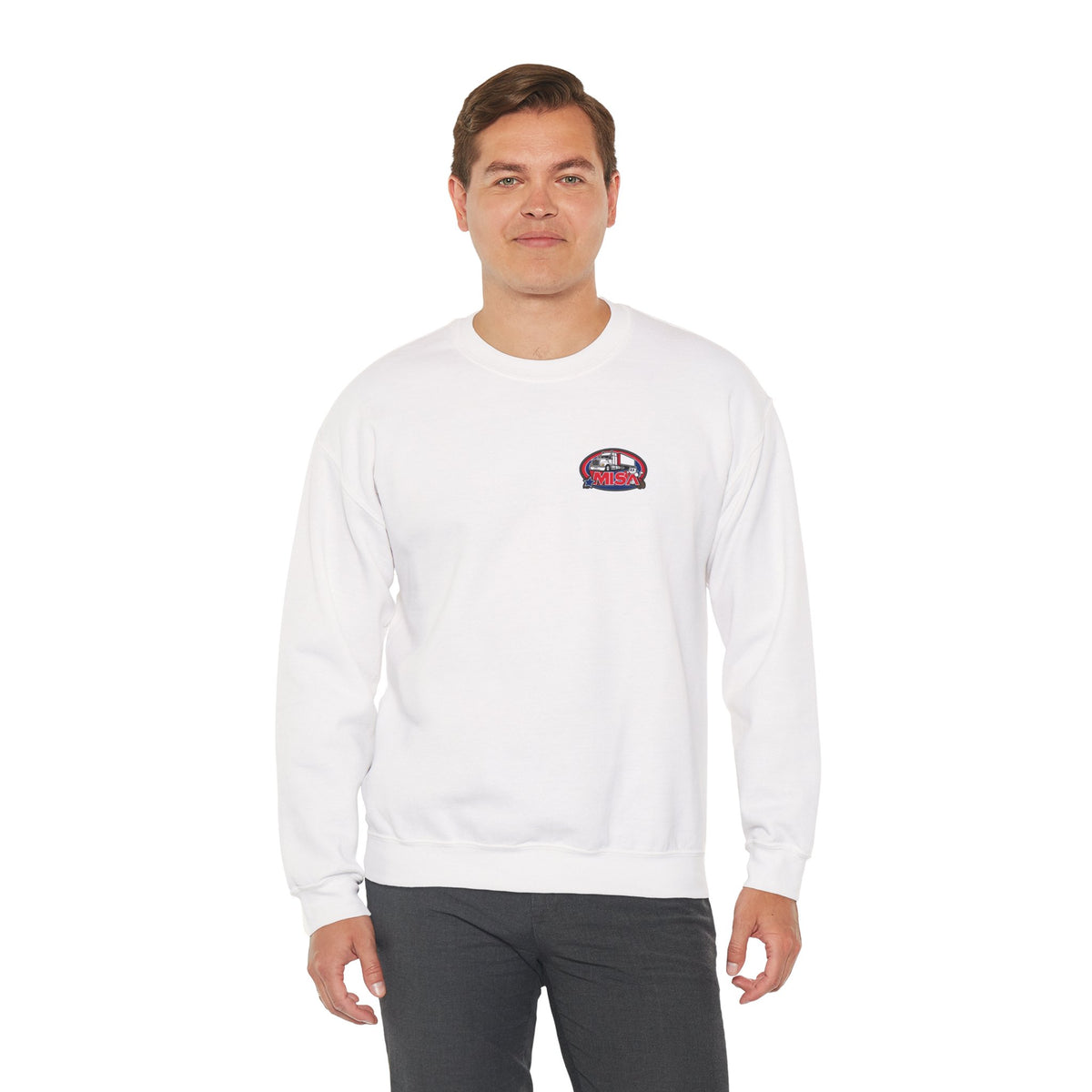 Unisex patriotic crewneck sweatshirt by Printify with "We Drive America's Economy" design on ash color.