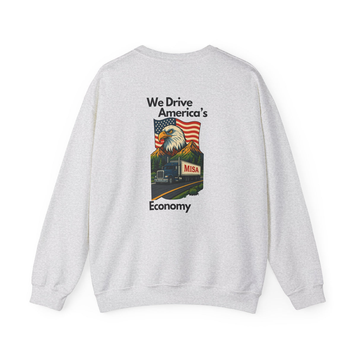 Unisex patriotic crewneck sweatshirt by Printify featuring "We Drive America's Economy" design in ash color.