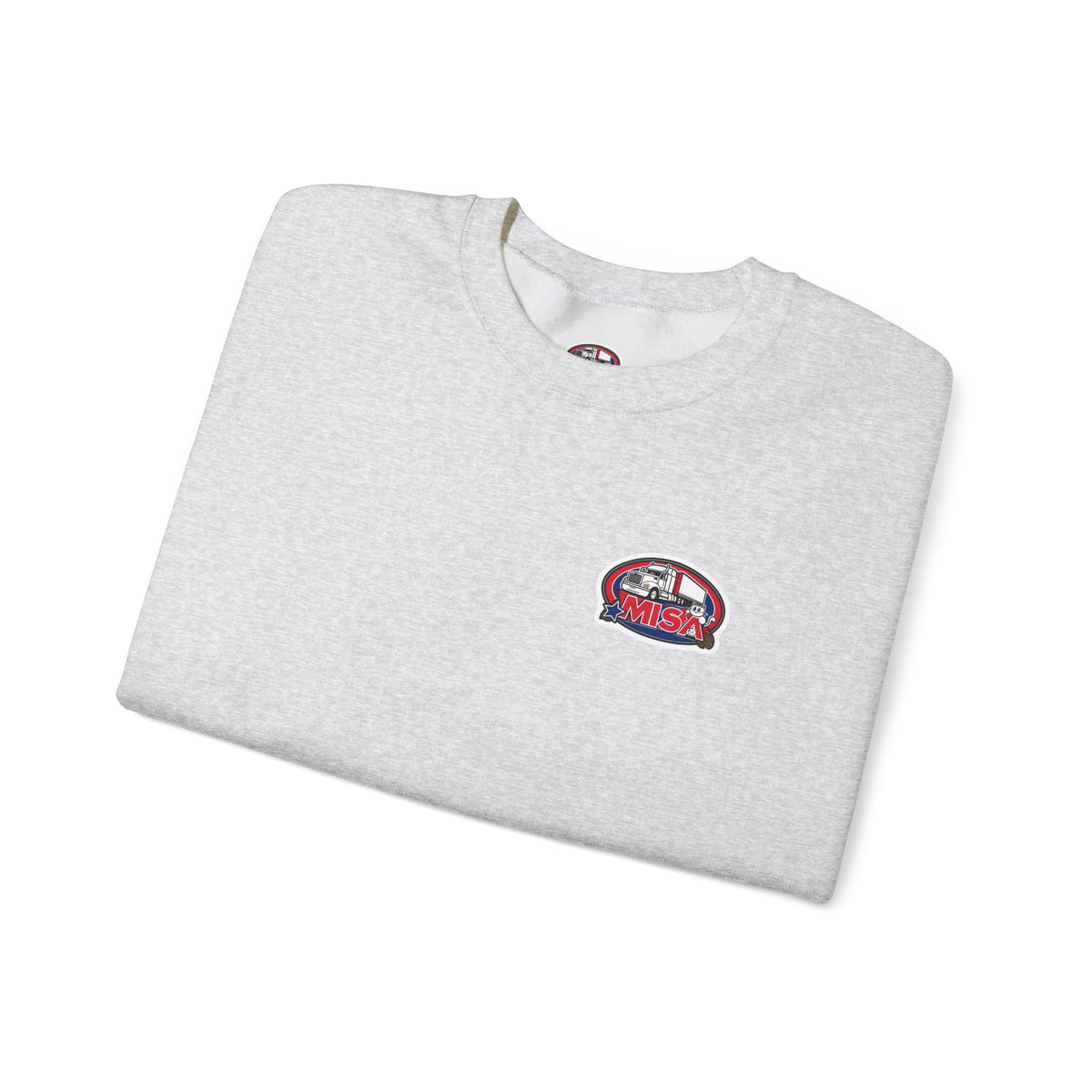 Unisex ash crewneck sweatshirt with patriotic "We Drive America's Economy" design by Printify, showcasing red, white, and blue graphics.
