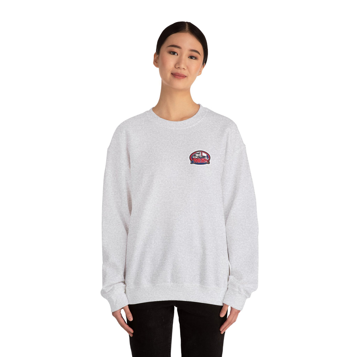 Unisex patriotic crewneck sweatshirt by Printify featuring "We Drive America's Economy" design on ash-colored fabric.