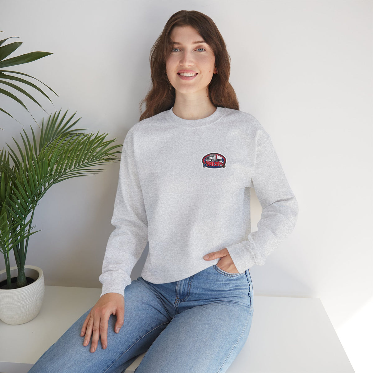 Unisex patriotic crewneck sweatshirt by Printify featuring "We Drive America's Economy" design on ash-colored fabric.