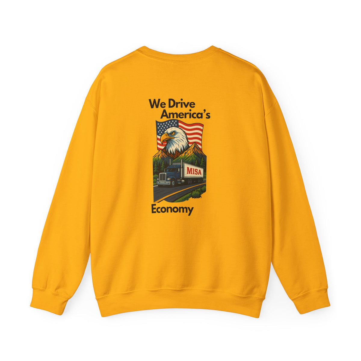Unisex patriotic crewneck sweatshirt by Printify with "We Drive America's Economy" design in ash color.