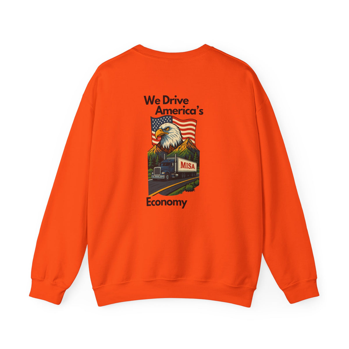 Unisex patriotic crewneck sweatshirt by Printify with "We Drive America's Economy" design in ash color, casual and comfortable.