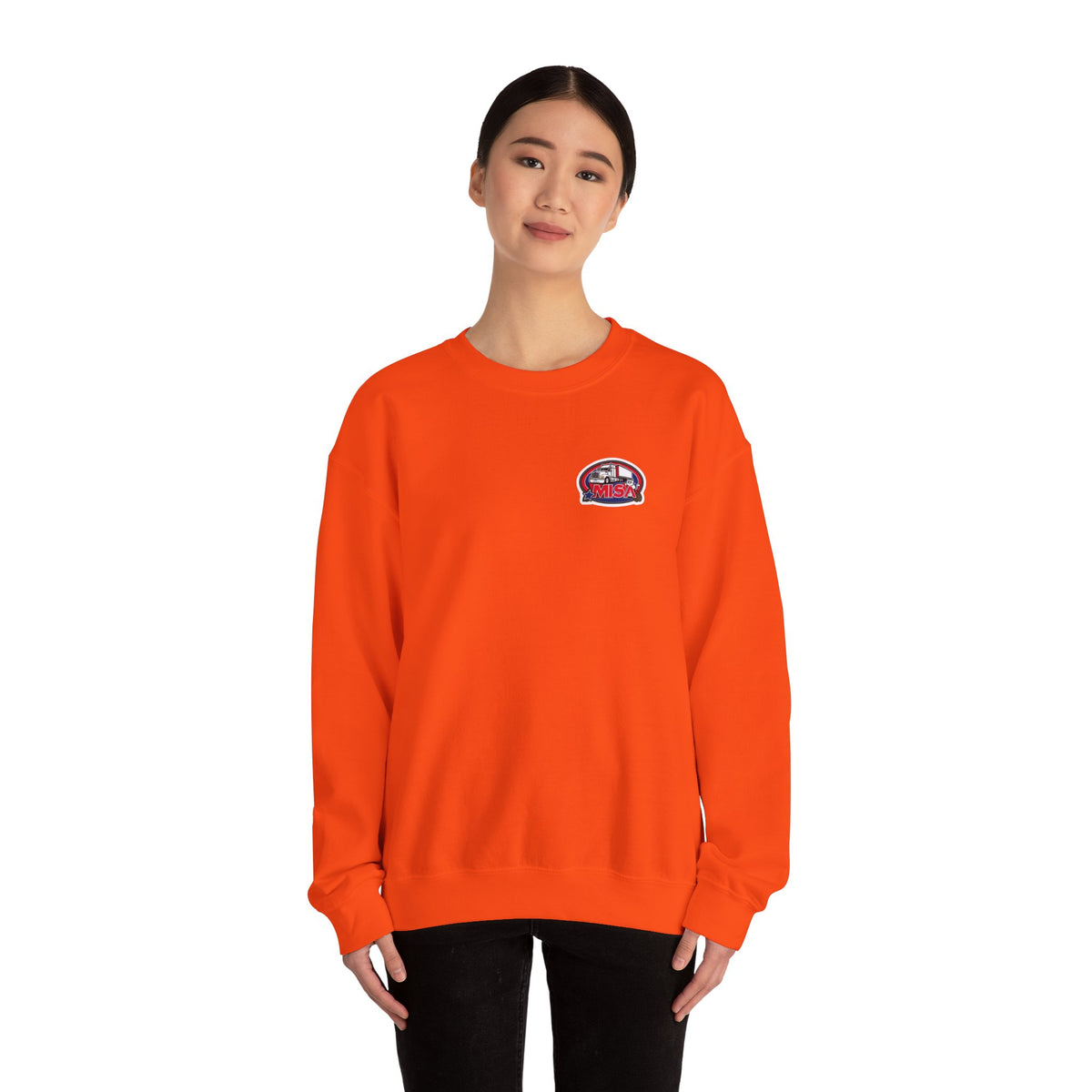 Unisex patriotic crewneck sweatshirt by Printify with "We Drive America's Economy" design in ash color.