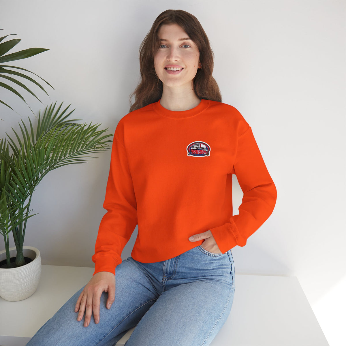 Patriotic unisex crewneck sweatshirt by Printify featuring "We Drive America's Economy" design on ash-colored fabric.