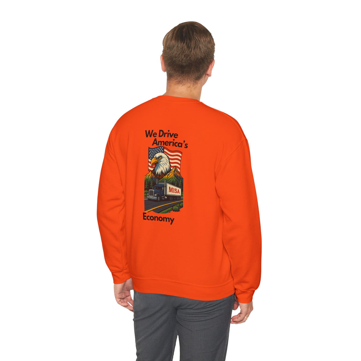 Unisex patriotic crewneck sweatshirt by Printify with "We Drive America's Economy" design in ash color.