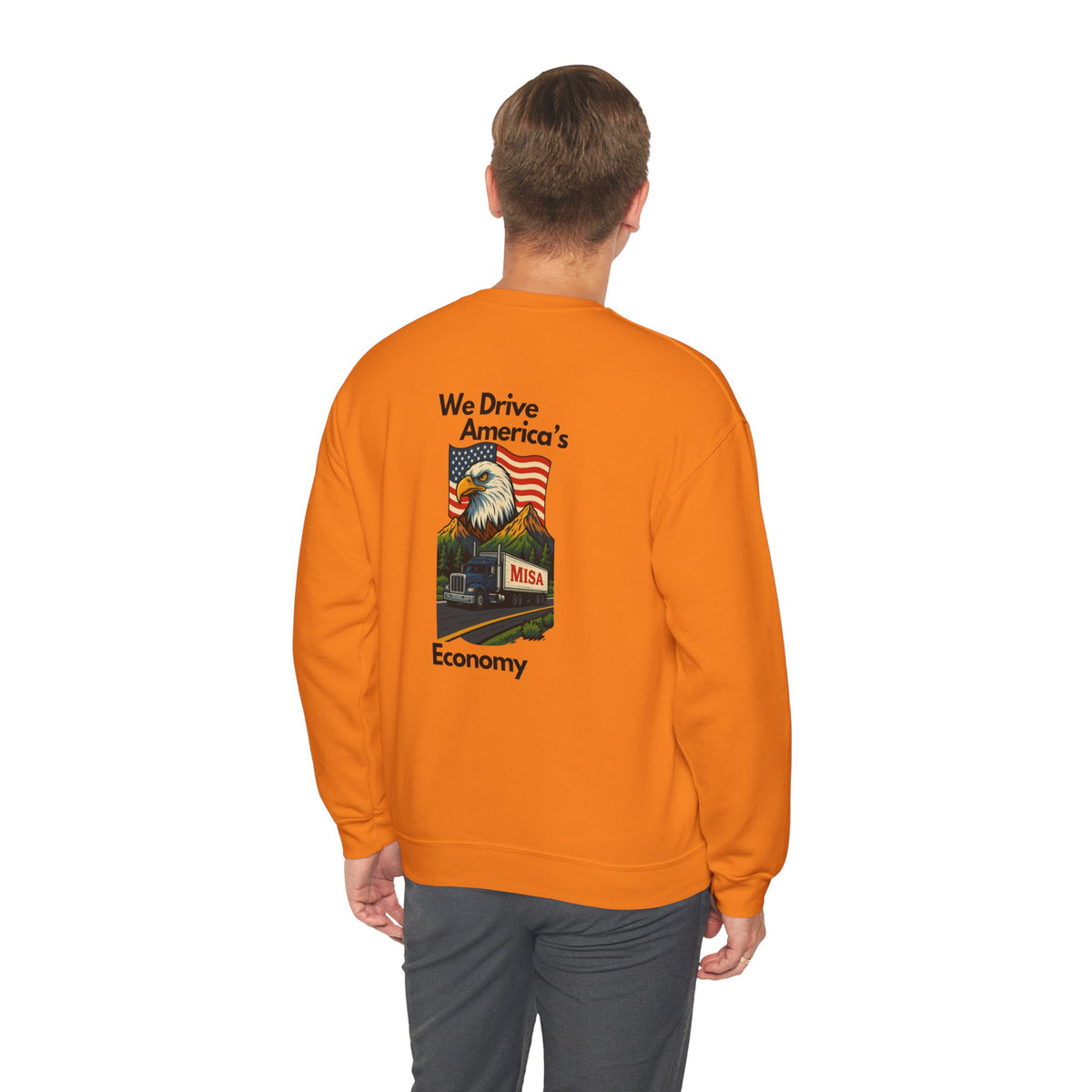 Unisex patriotic crewneck sweatshirt by Printify featuring "We Drive America's Economy" design on ash-colored fabric.