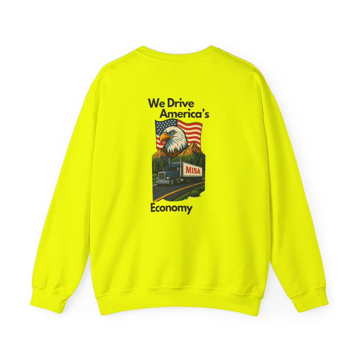 Unisex patriotic crewneck sweatshirt by Printify featuring "We Drive America's Economy" design on ash-colored fabric.