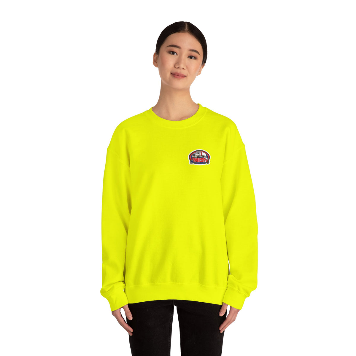 Unisex patriotic crewneck sweatshirt with "We Drive America's Economy" print in ash color, by Printify.