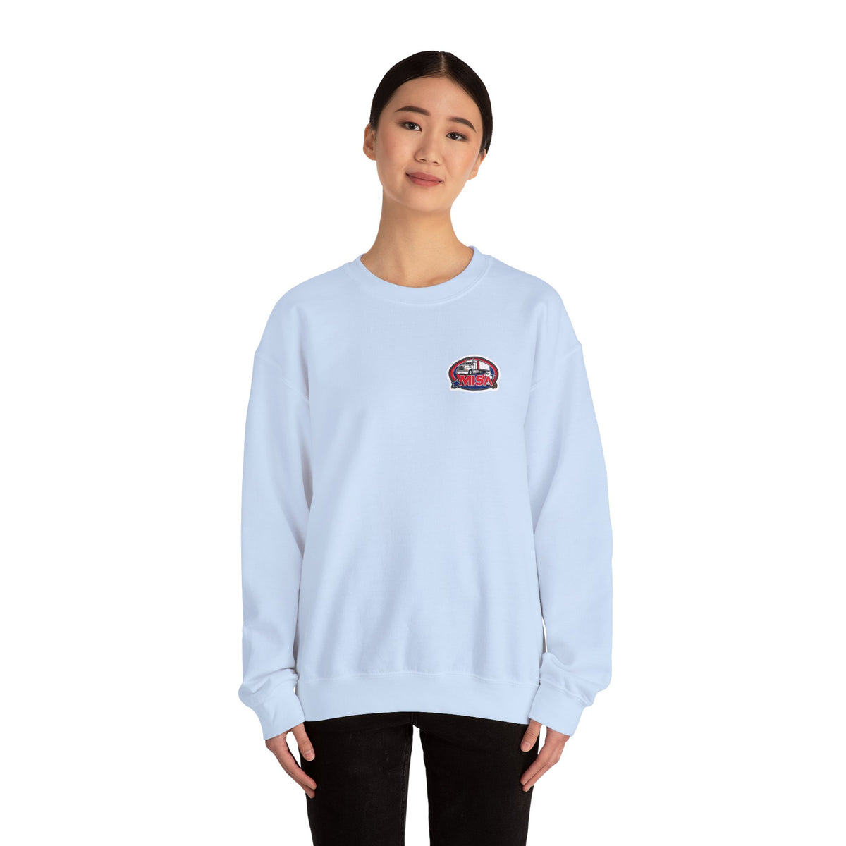 Unisex patriotic crewneck sweatshirt by Printify with "We Drive America's Economy" design, in ash color, casual and cozy.