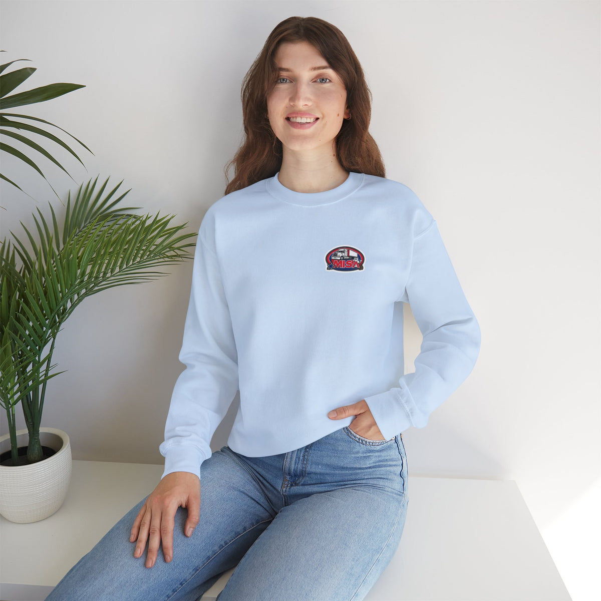 Unisex patriotic crewneck sweatshirt by Printify featuring "We Drive America's Economy" design on ash-colored fabric.