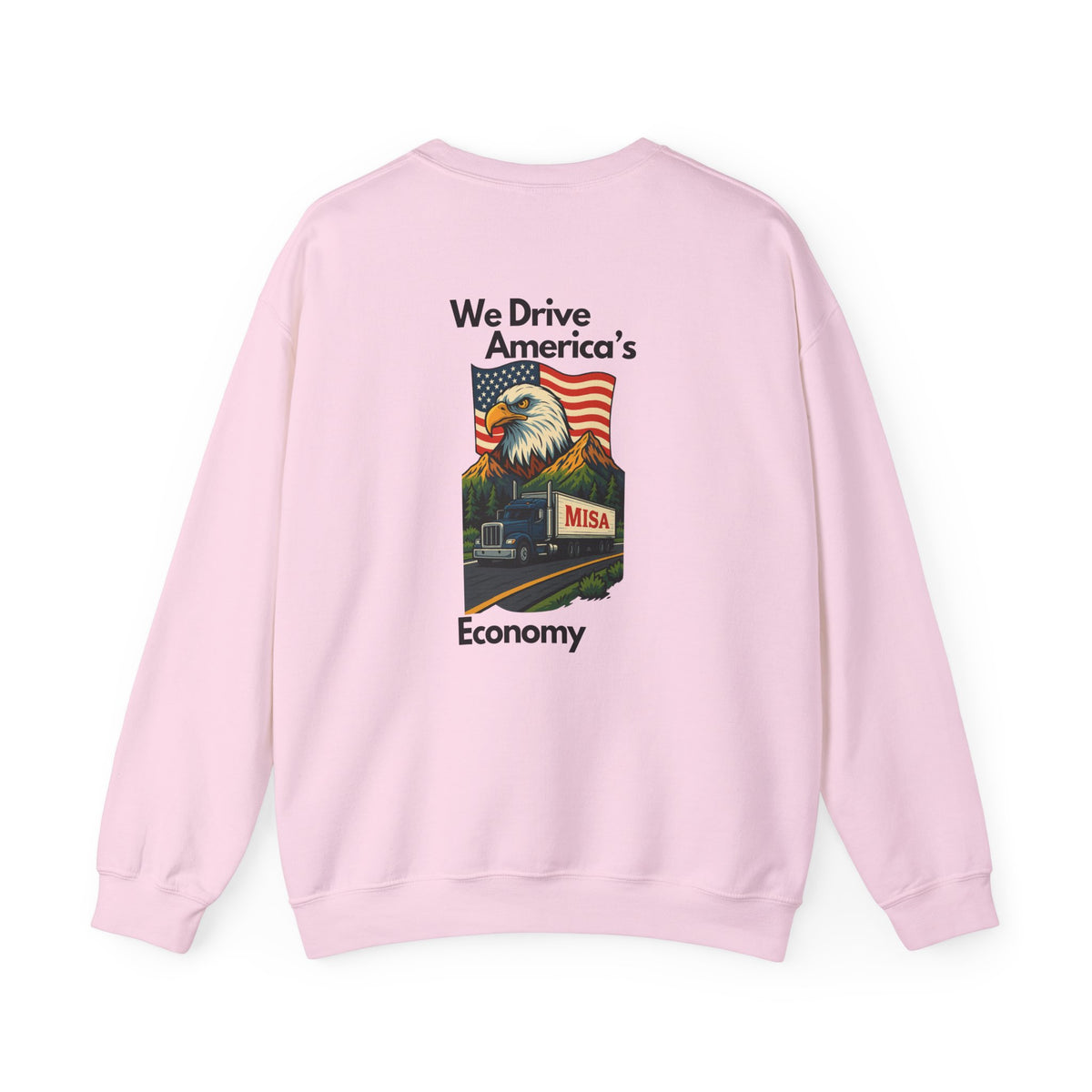 Unisex ash crewneck sweatshirt by Printify with patriotic "We Drive America's Economy" design, featuring red, white, and blue colors.