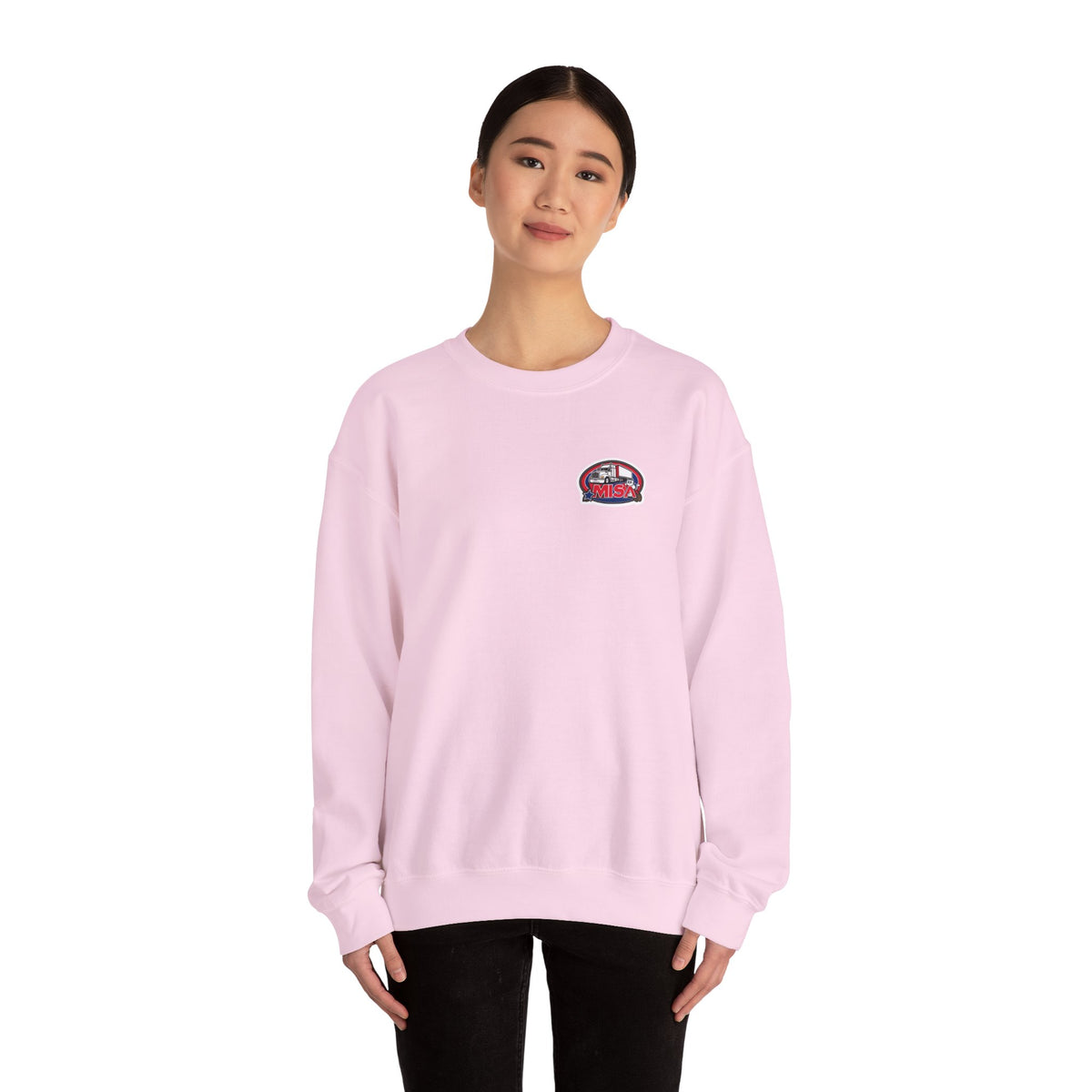 Unisex ash crewneck sweatshirt by Printify featuring a patriotic "We Drive America's Economy" design.