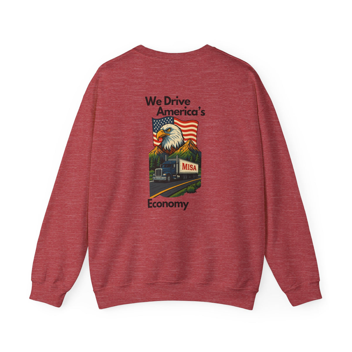 Ash-colored patriotic unisex crewneck sweatshirt featuring "We Drive America's Economy" design by Printify.