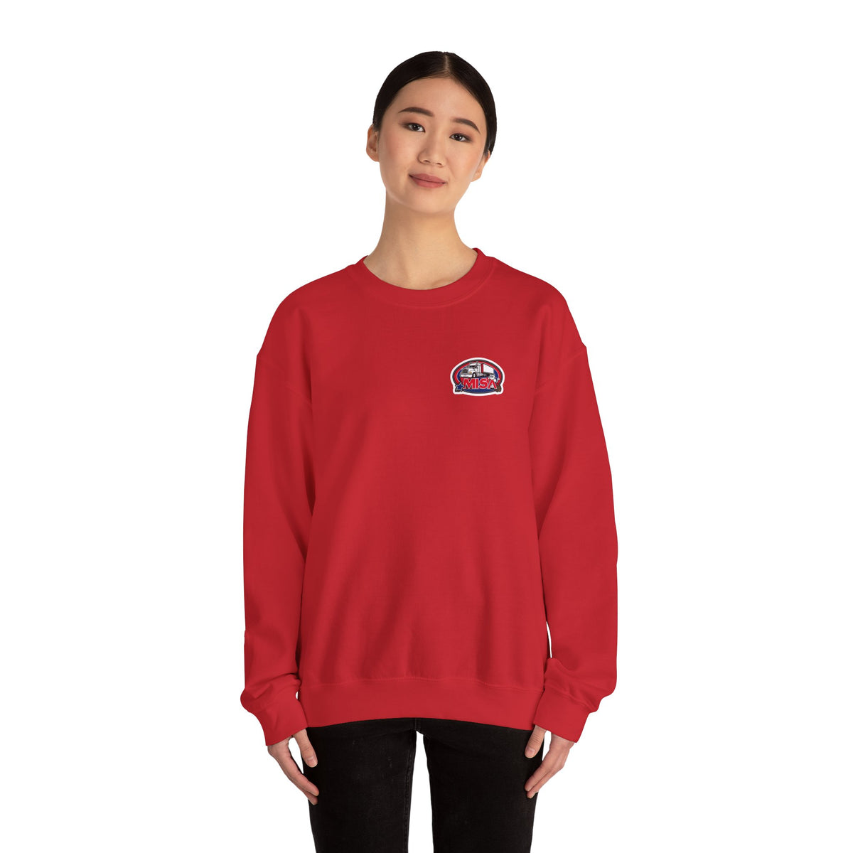 Unisex ash crewneck sweatshirt with patriotic "We Drive America's Economy" print, by Printify, featuring bold red and white design.