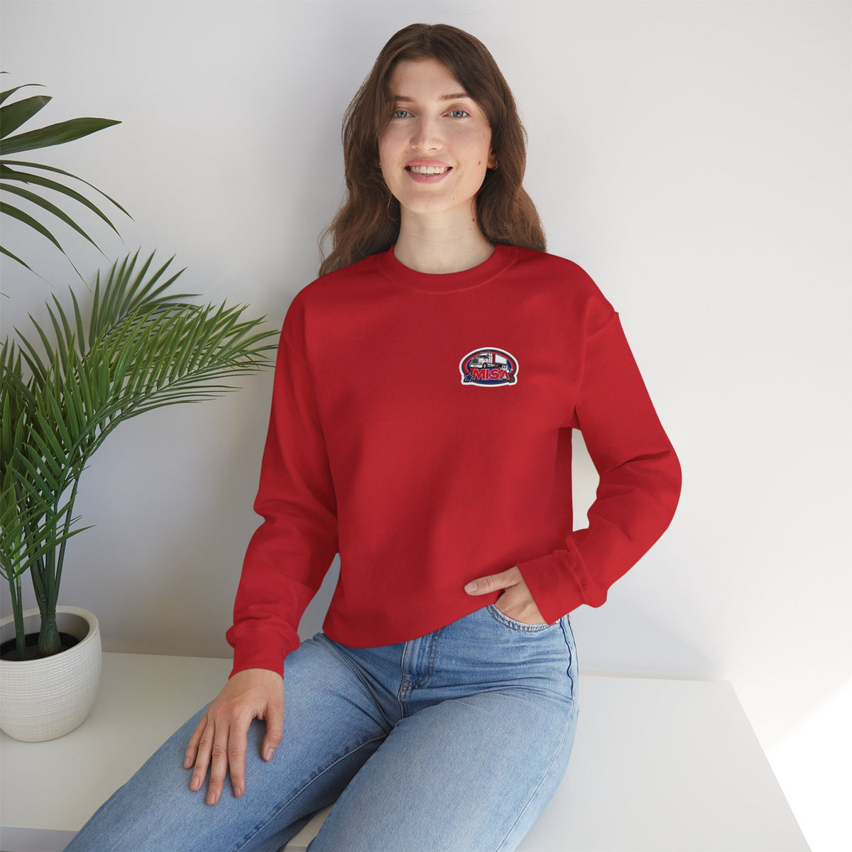 Unisex patriotic crewneck sweatshirt by Printify with "We Drive America's Economy" design in ash color.