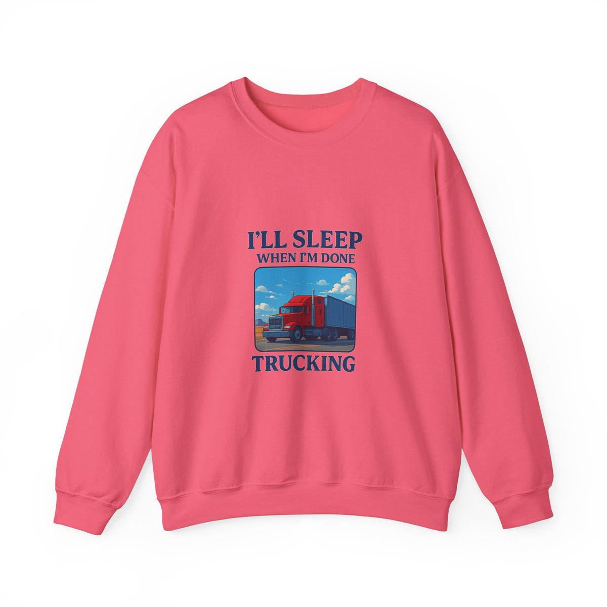 Cozy ash gray truck driver sweatshirt with "I'll Sleep When I'm Done" slogan, unisex crewneck, designed by Printify.
