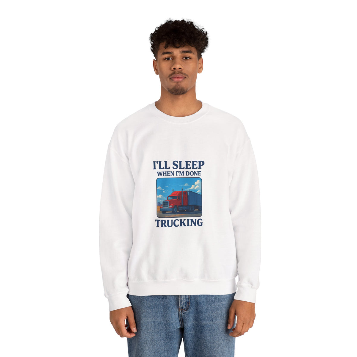 Unisex ash-colored truck driver sweatshirt with "I'll Sleep When I'm Done" print, cozy crewneck design by Printify.
