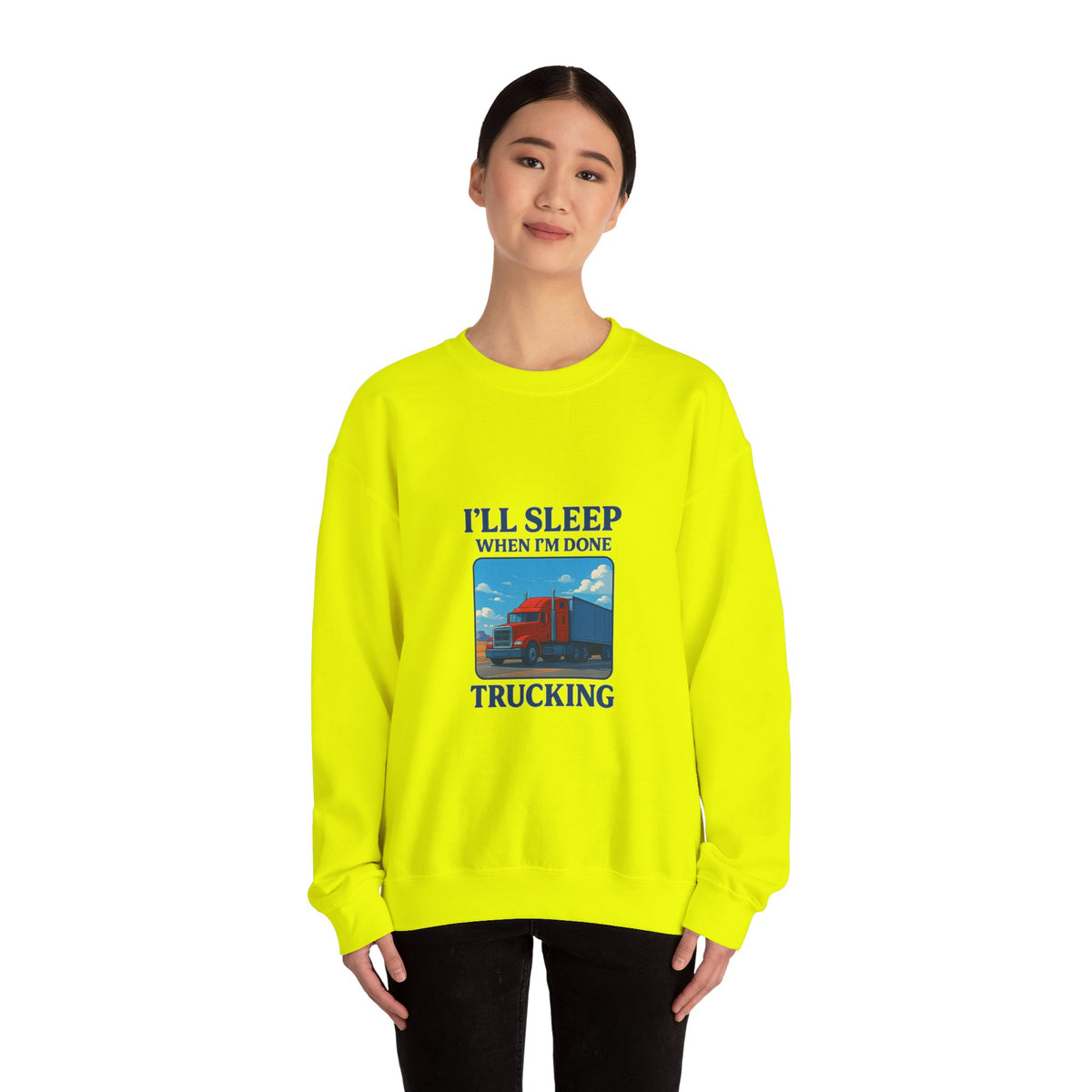 Ash-colored truck driver sweatshirt by Printify featuring "I'll Sleep When I'm Done" slogan on cozy unisex crewneck.