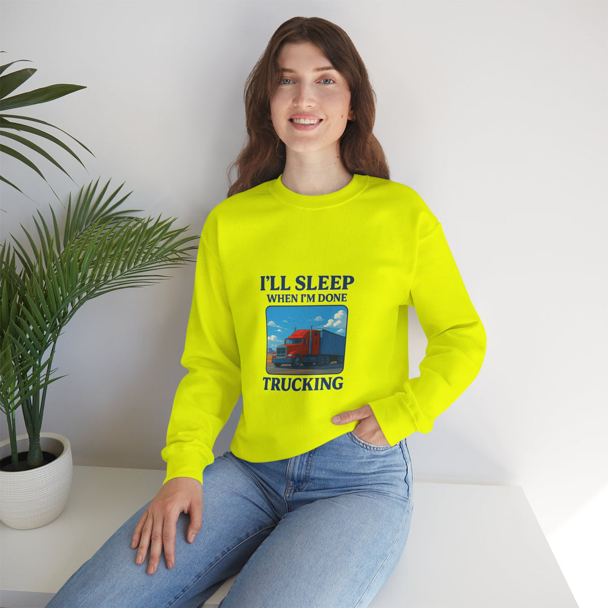 Ash-colored Truck Driver Sweatshirt from Printify featuring the humorous "I'll Sleep When I'm Done" message, cozy unisex crewneck.