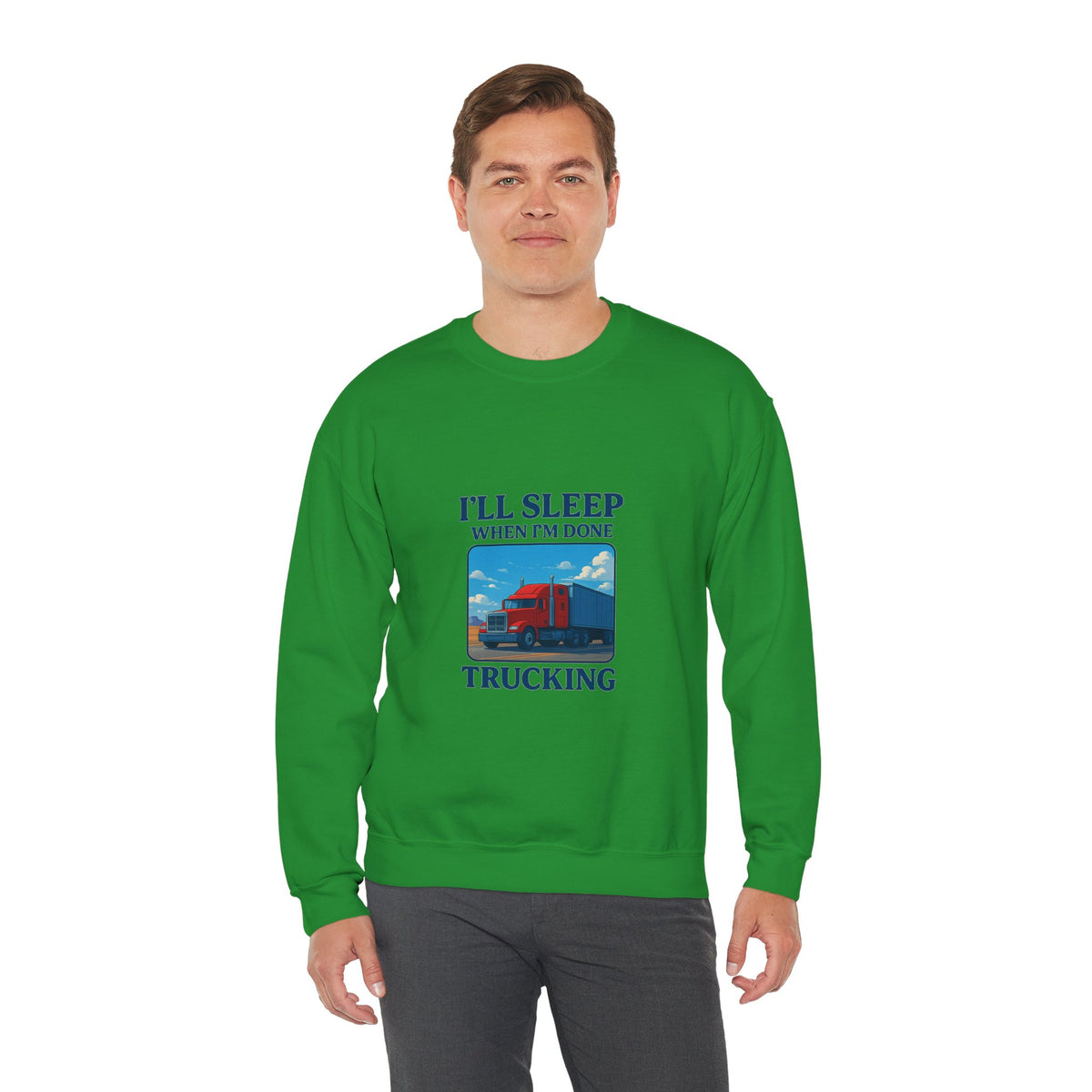 Unisex ash-colored truck driver sweatshirt with "I'll Sleep When I'm Done" print, cozy crewneck design by Printify.
