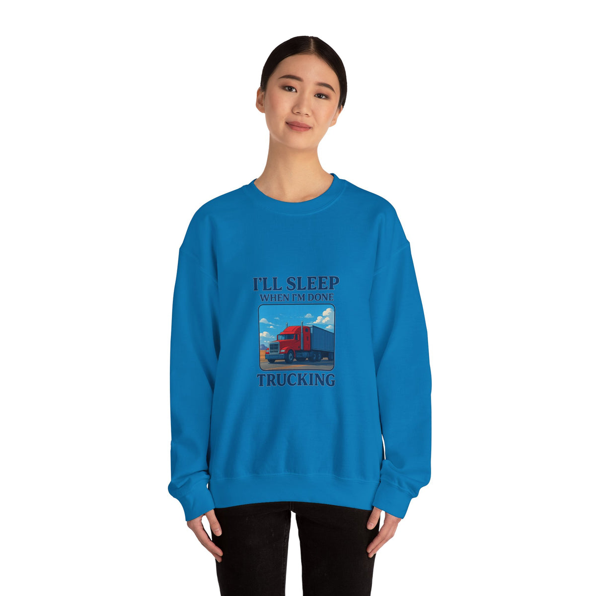 Ash-colored truck driver sweatshirt by Printify featuring "I'll Sleep When I'm Done" slogan, cozy unisex crewneck design.