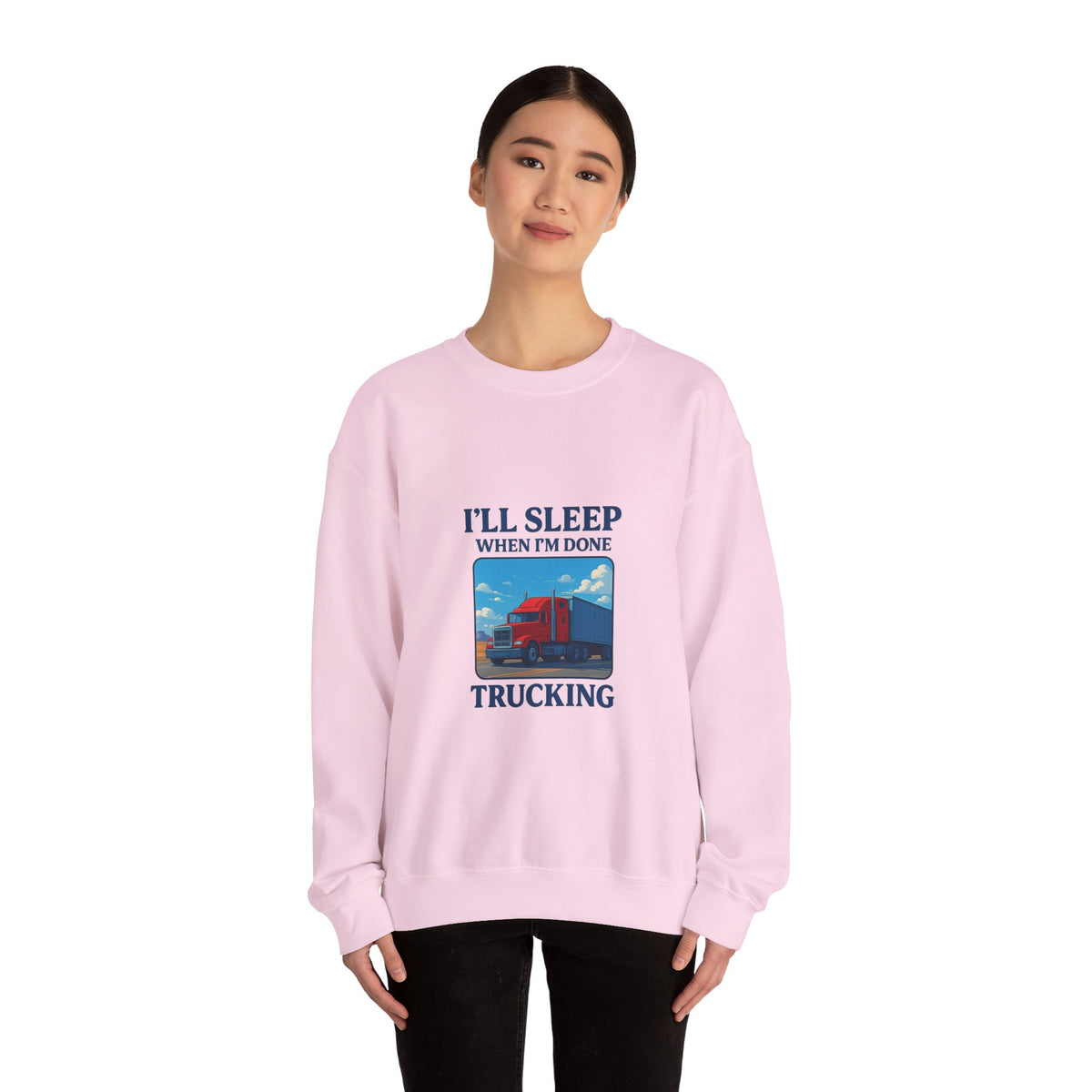 Ash-colored truck driver sweatshirt by Printify featuring "I'll Sleep When I'm Done" slogan, cozy unisex crewneck design.
