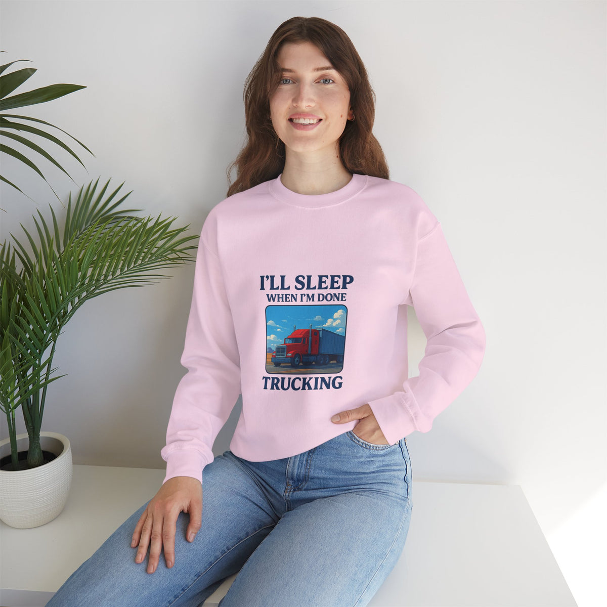 Ash-colored Printify truck driver sweatshirt with "I'll Sleep When I'm Done" slogan, cozy unisex crewneck for truck drivers.