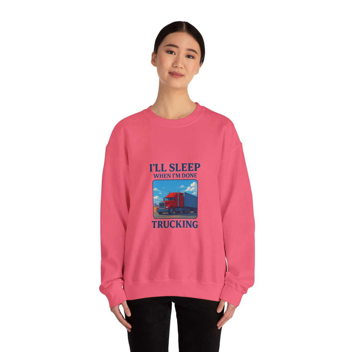 Unisex truck driver sweatshirt by Printify featuring "I'll Sleep When I'm Done" text, cozy crewneck design in ash color.