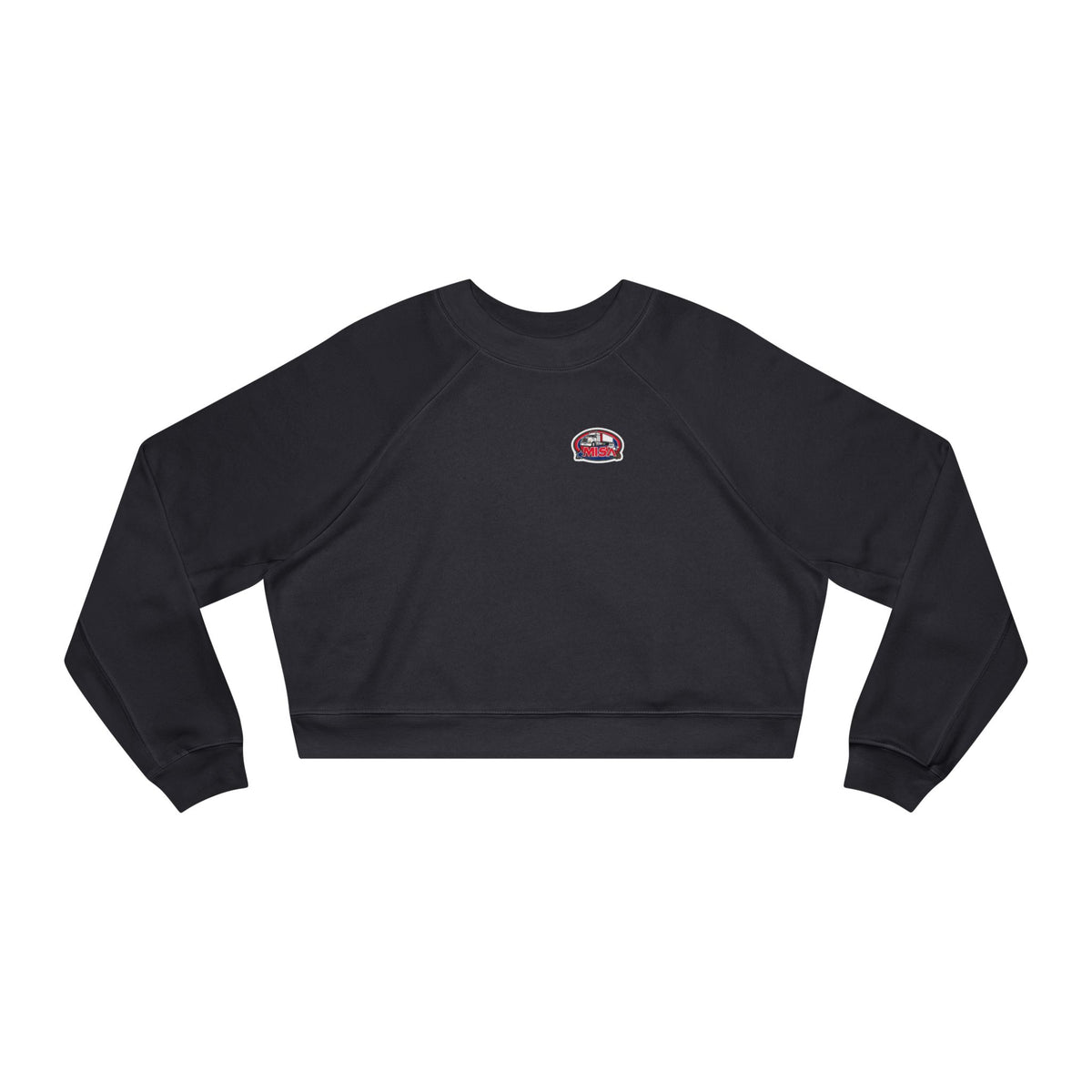 Black women's cropped fleece sweatshirt by Sir featuring a fun graphic design, cozy and stylish for casual wear.