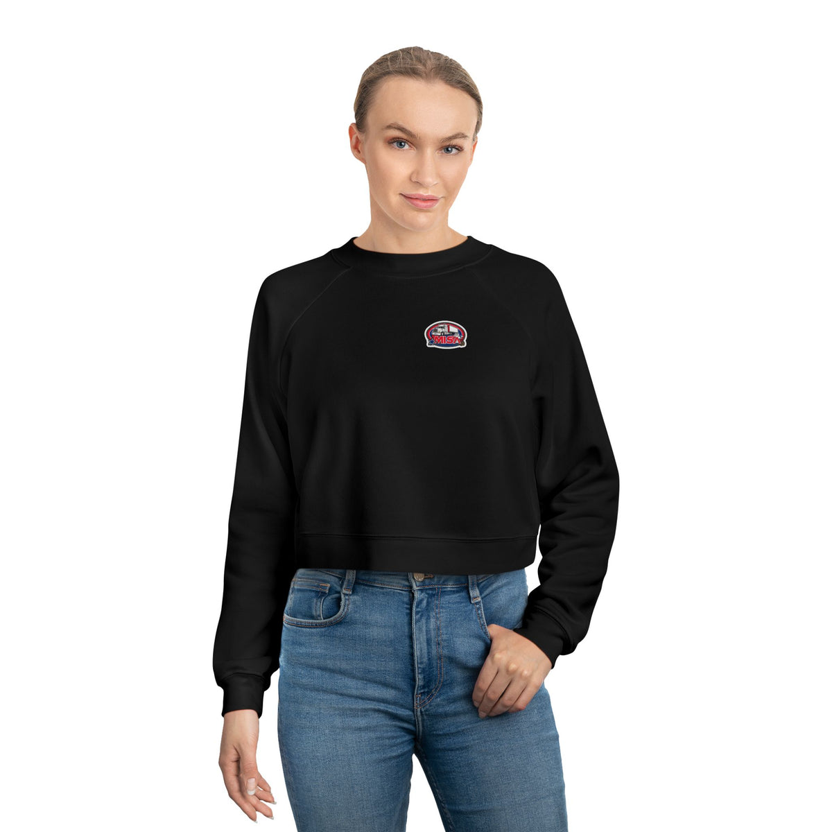 Black women's cropped fleece sweatshirt with a fun graphic design from Printify, featuring cozy and stylish fleece pullover details.