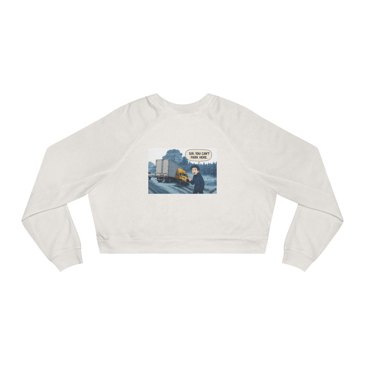 Black women's cropped fleece sweatshirt by Sir with a fun graphic design, cozy and stylish for casual wear.