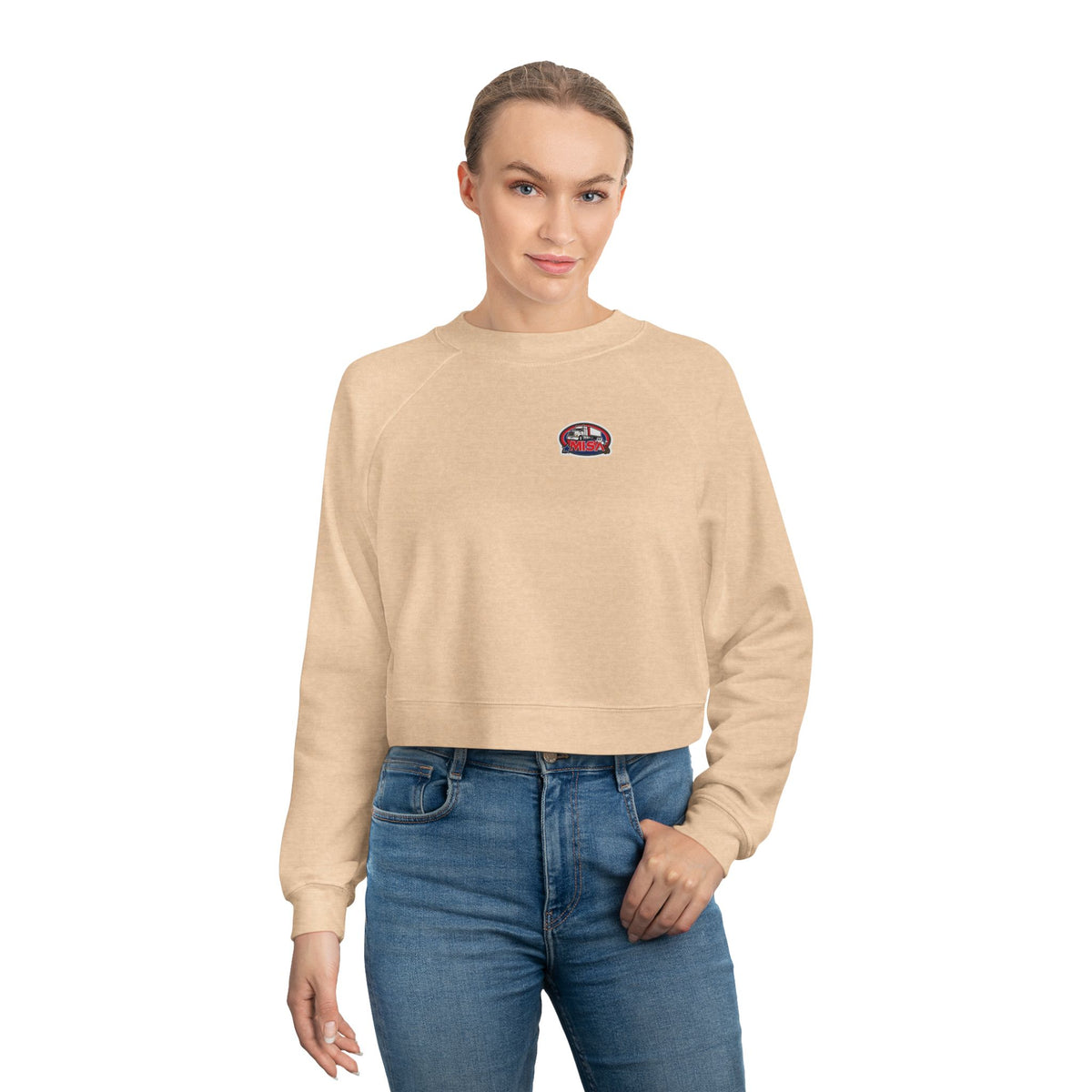 Black women's cropped fleece sweatshirt with fun graphic design by Sir, cozy and stylish for casual wear.