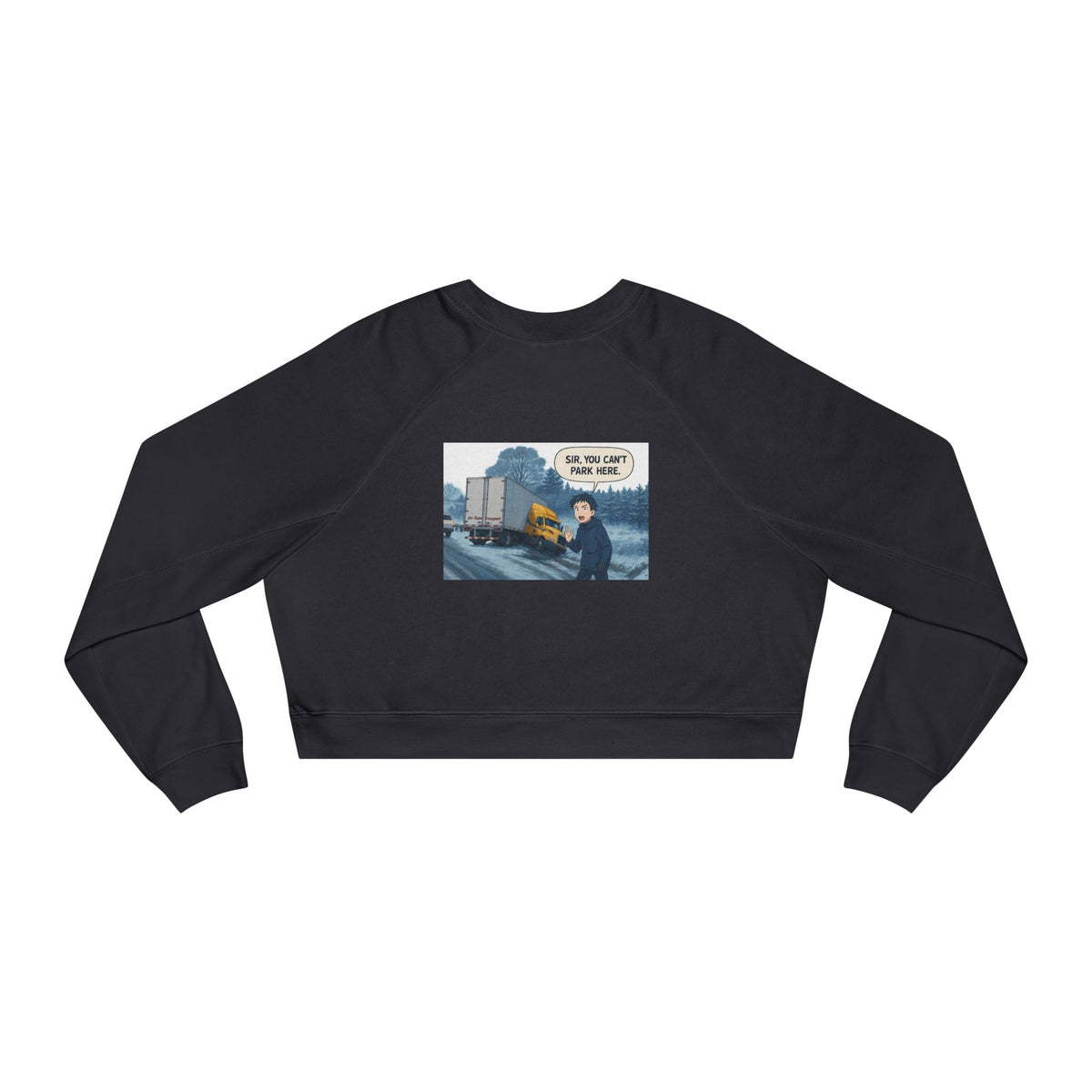 Black women's cropped fleece sweatshirt with colorful fun graphic design by Sir, cozy and stylish for casual wear.