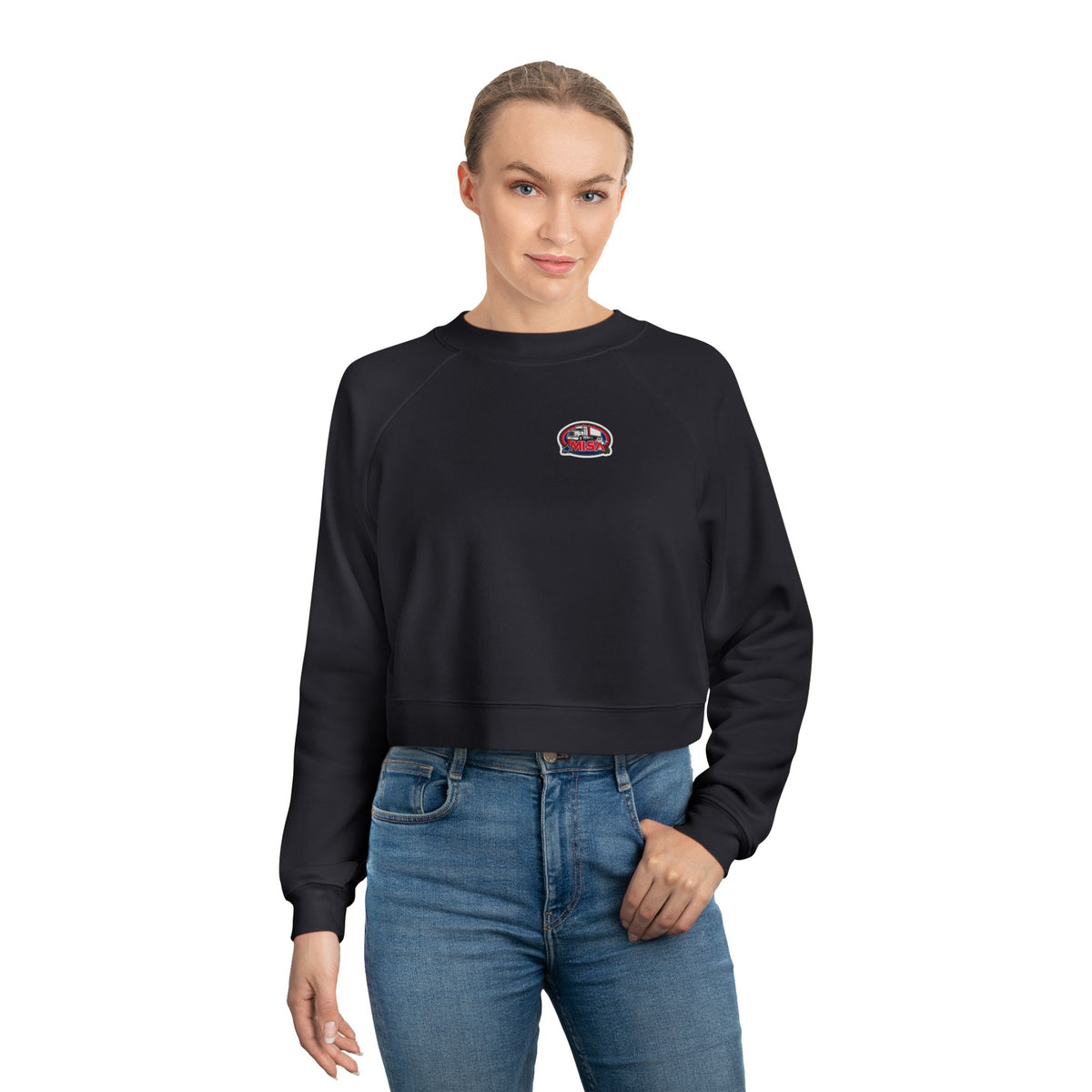 Black women's cropped fleece sweatshirt with fun graphic design, cozy and stylish, by Sir, perfect for casual wear.