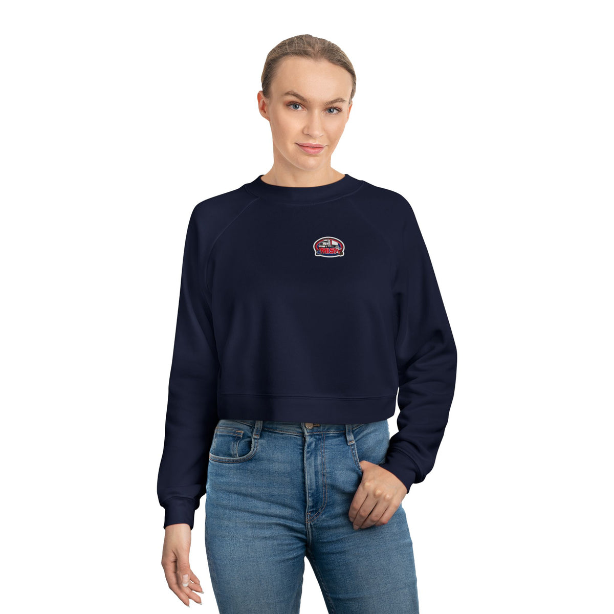 Black women's cropped fleece sweatshirt with fun graphic design, cozy fit, by Sir, perfect for casual wear and relaxed style.