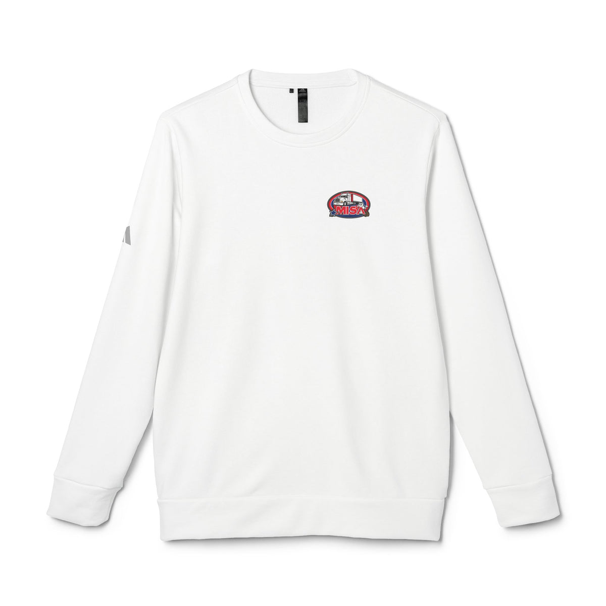 Black Adidas unisex fleece crewneck sweatshirt with humorous trucking design, featuring a playful "Sir" graphic.